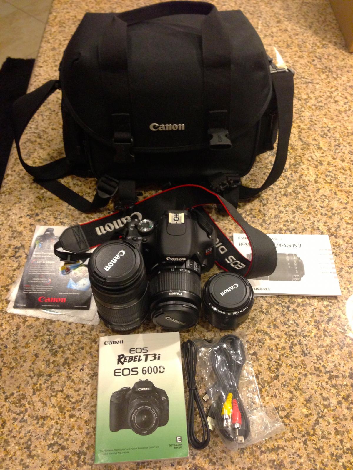 Canon T3i DSLR w/ 3 lenses, carry bag, 32gb memory card, all original ...